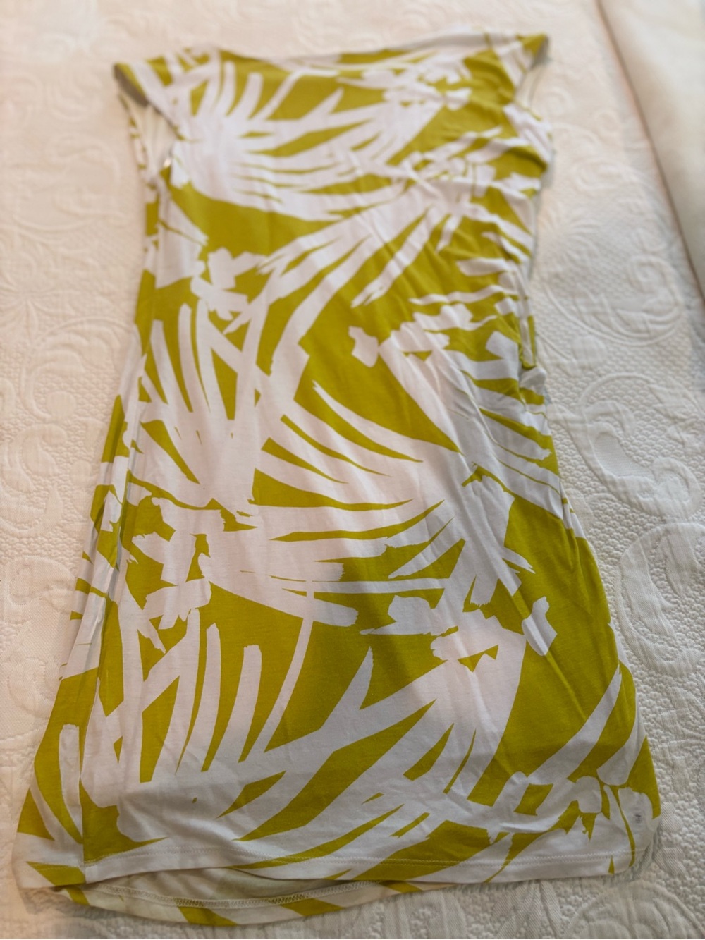 Ann Taylor Strapless Palm-Print Dress in White and Lime